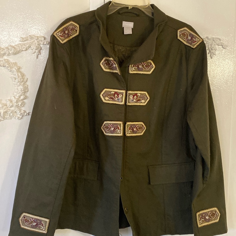 Olive green Chico’s snap front jacket. SZ 4.
